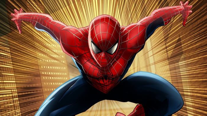 Spider-Man in a dynamic pose with city background