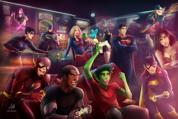 DC Superheroes playing video games and pool