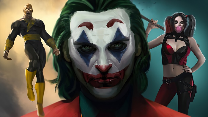 Joker, Black Adam, and Harley Quinn artwork
