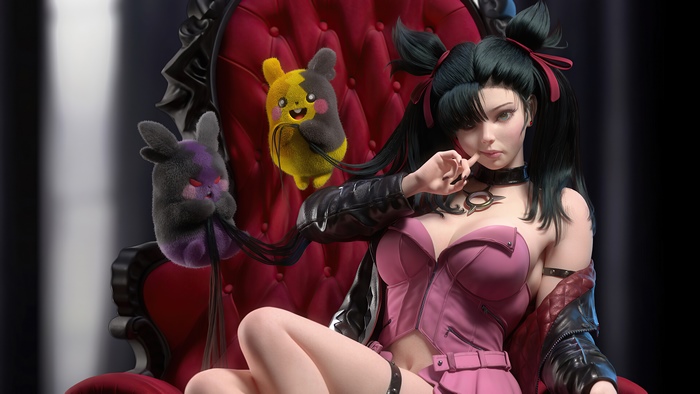 Girl with two plush toys on a throne