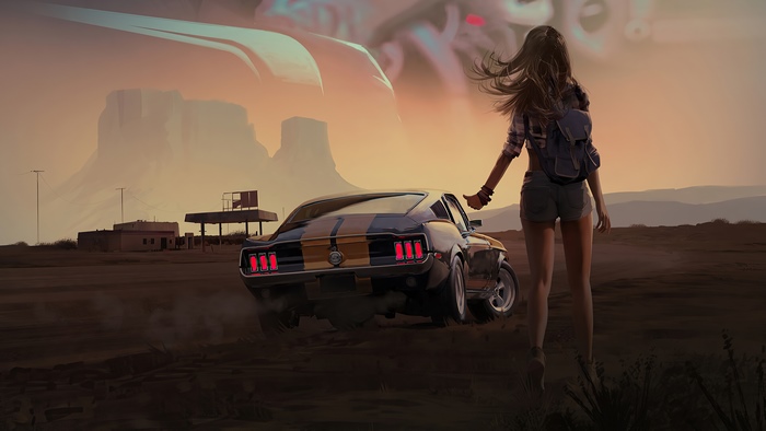 Girl with Mustang at Desert Gas Station