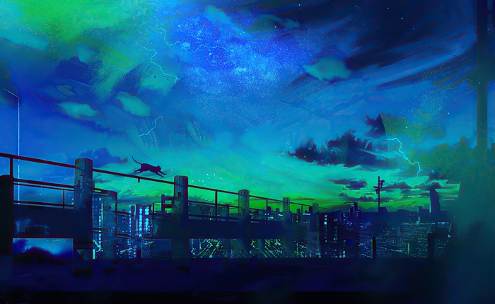 Cat running on a railing overlooking a city at night
