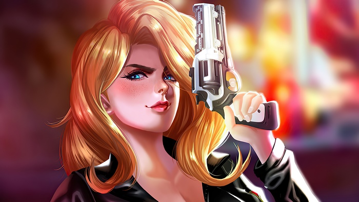 Artwork of a woman with a gun