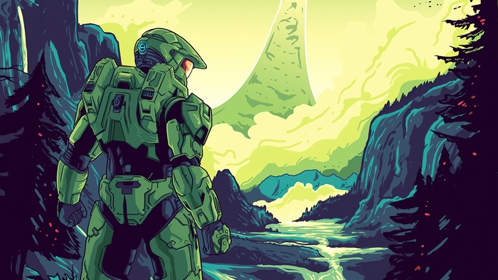 Master Chief from Halo Infinite in a scenic landscape