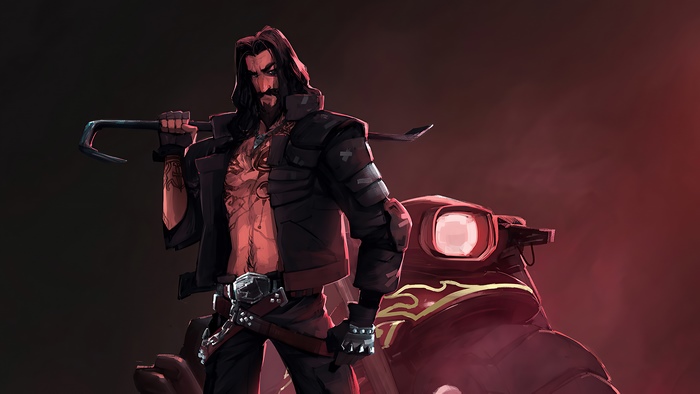 Man with crowbar on a motorcycle