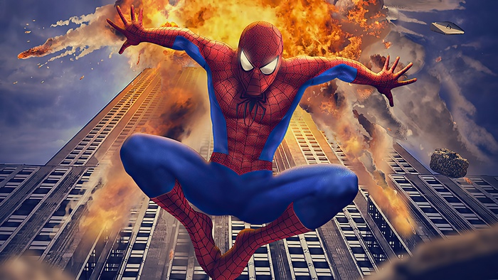 Spiderman in front of a skyscraper explosion