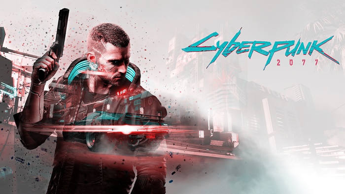 Cyberpunk 2077 game art with man holding gun