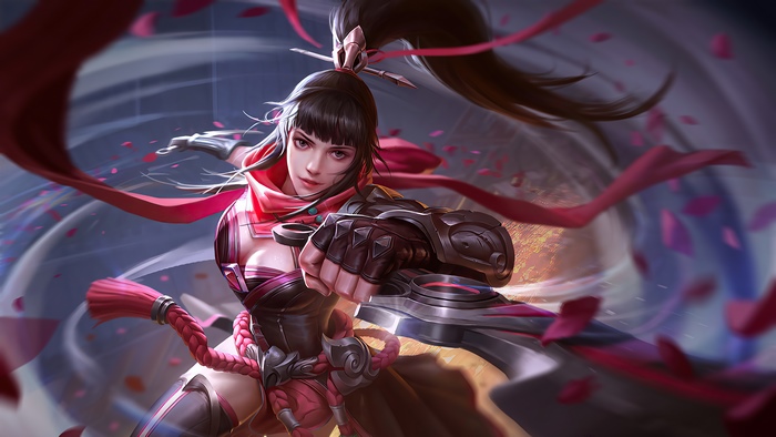 Artwork of a female warrior with a sword