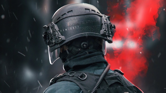 Soldier in tactical gear with red smoke background 4K
