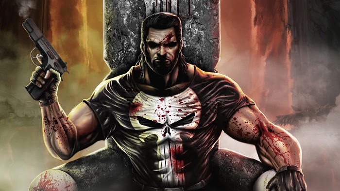 The Punisher sitting on a throne with a gun