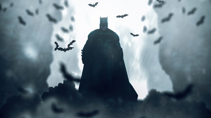 Batman surrounded by bats in a stormy sky