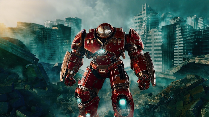 Hulkbuster armor in ruined city artwork