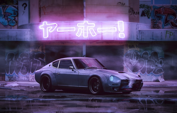 Nissan 240Z with Japanese Neon Sign
