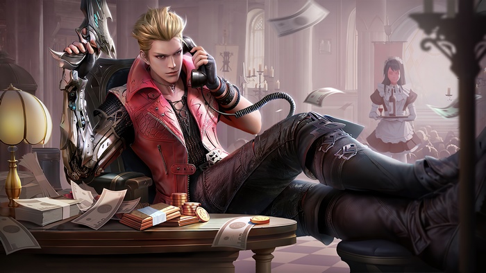 Man with cybernetic arm on phone with money