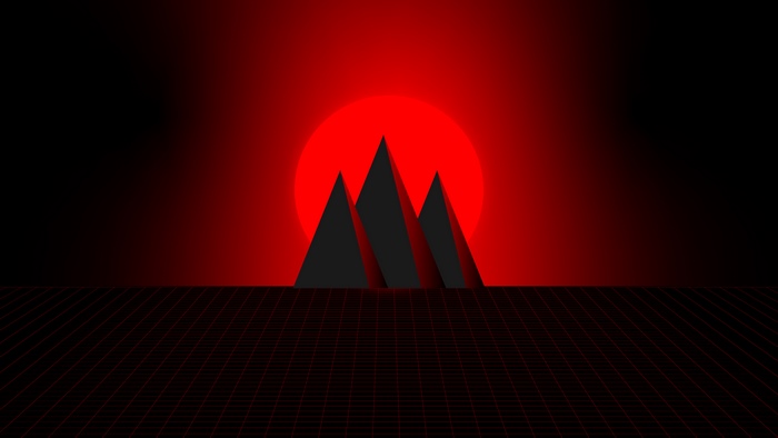 Minimalist digital art with pyramids and red sun