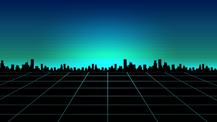 Retrowave cityscape with digital grid