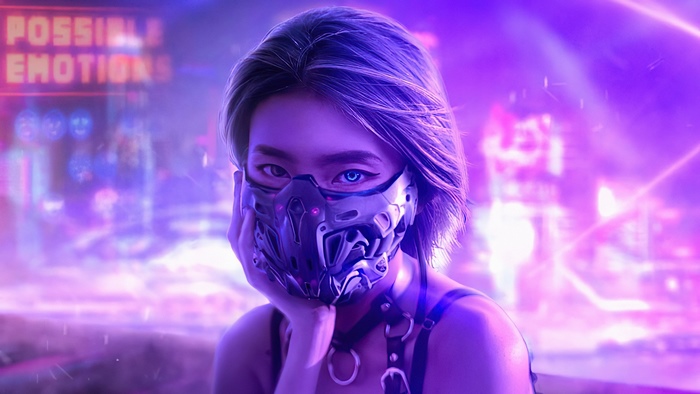 Cyberpunk woman with mask and neon background