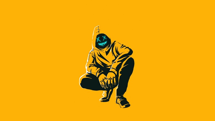 Anonymous figure with glowing mask crouching