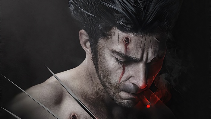 Wolverine with adamantium claws and bullet wounds