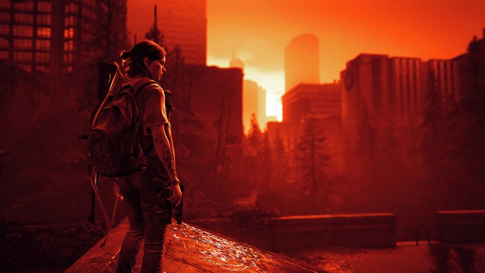 Ellie from The Last of Us Part 2 in a post-apocalyptic city