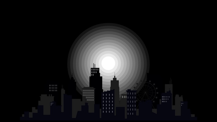 Monochrome cityscape with concentric circles of light