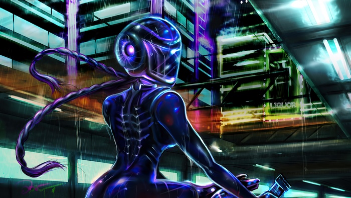 Cyberpunk biker in neon city artwork