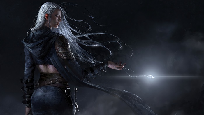 Fantasy warrior with long white hair holding a glowing gem