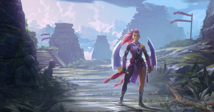 Dota 2 character with scythes in ancient ruins