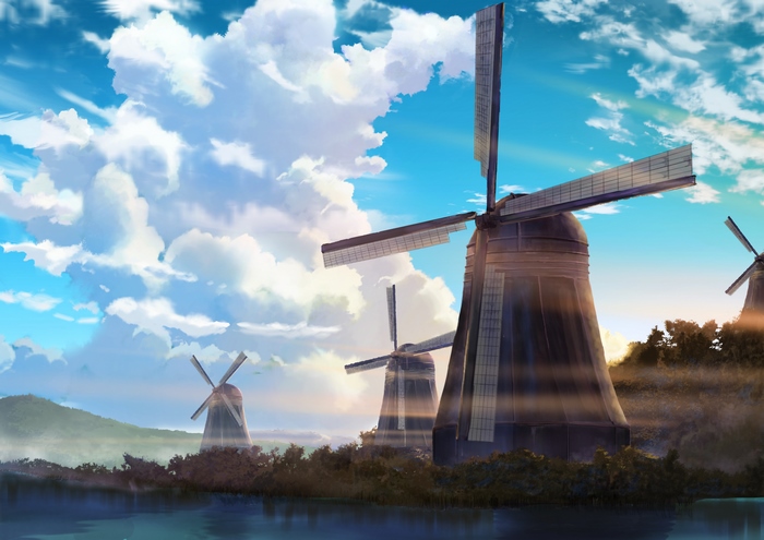Anime artwork of windmills under a cloudy sky