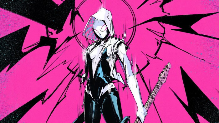 Spider-Gwen from Marvel Comics holding a guitar