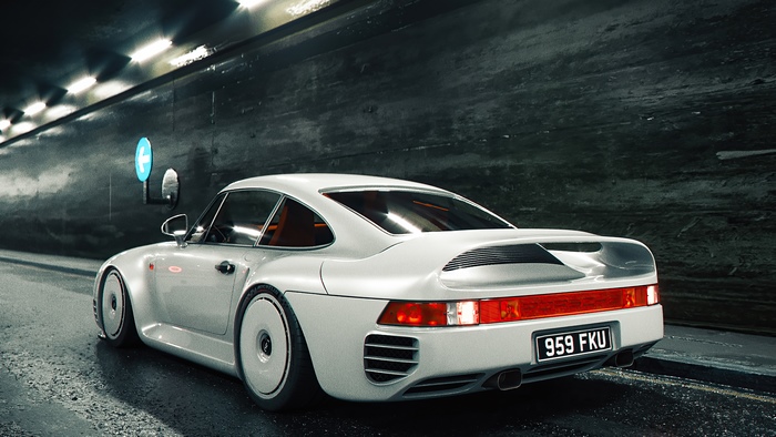 White Porsche 959 sports car in a tunnel