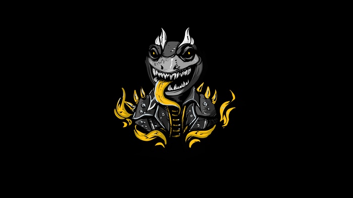 Dragon in a leather jacket with yellow flames