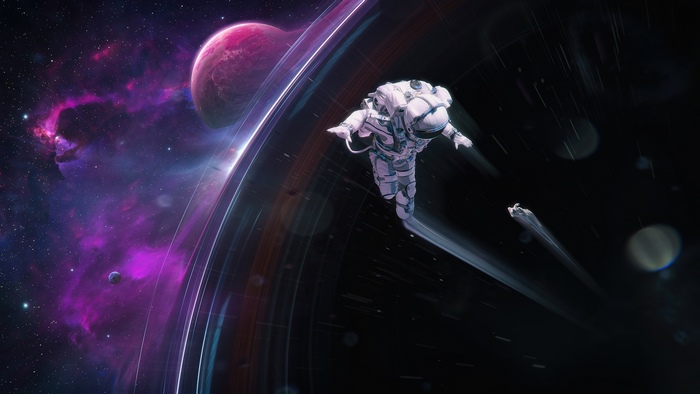 Astronaut floating near a ringed planet and nebula