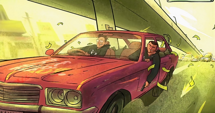 Two men in a red car with money flying around
