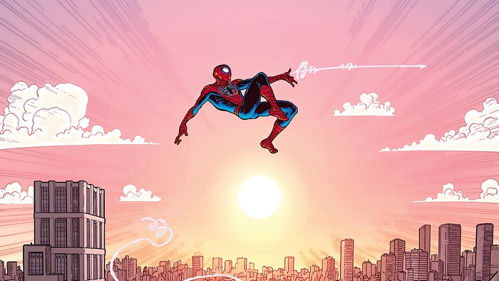 Spider-Man swinging over a city at sunset