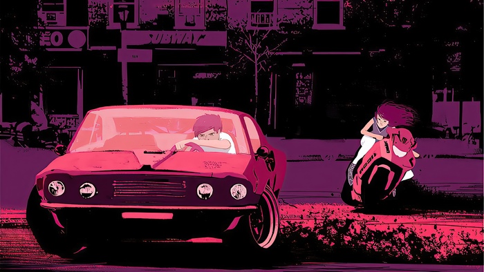 Artwork of a man in a car and a woman on a motorcycle