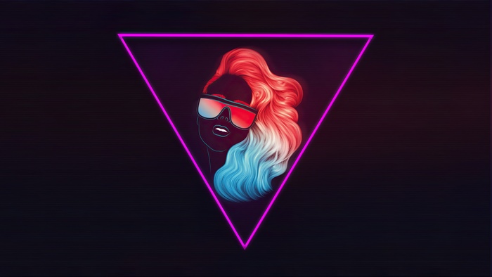 Retrowave artwork of a woman with colorful hair