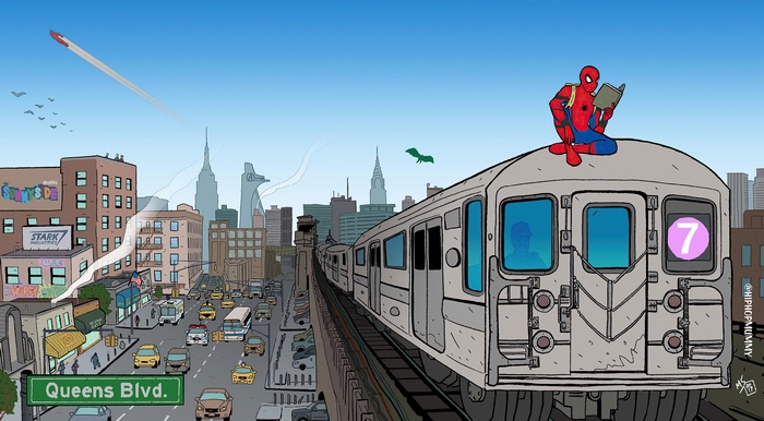 Spider-Man reading on a subway train in New York City