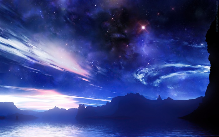 Sci-fi digital art of a starry nebula over a rocky landscape