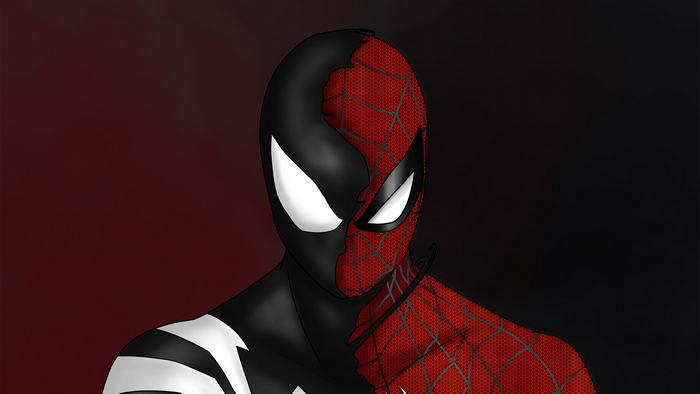 Spiderman split between Venom and classic suit