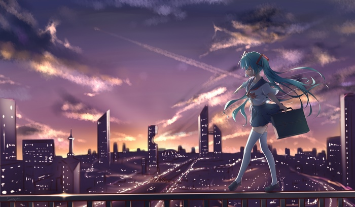 Hatsune Miku walking on a rooftop at sunset