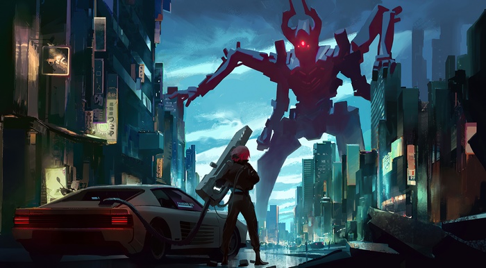 Giant Robot Attacks City with Pilot and Car