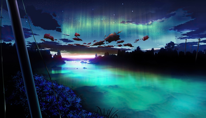 Aurora Borealis over a tranquil lake
