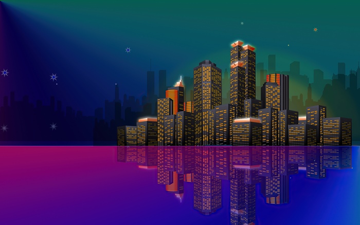 Minimalist cityscape with reflections at night