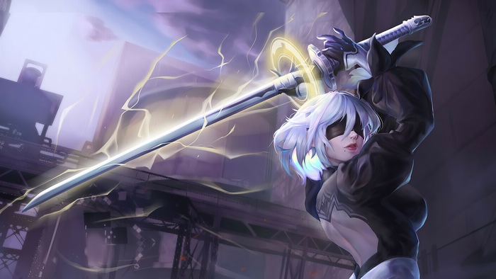2B from Nier: Automata with a glowing sword