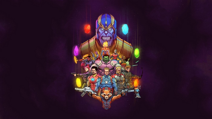 Avengers Endgame artwork with Thanos and Infinity Stones