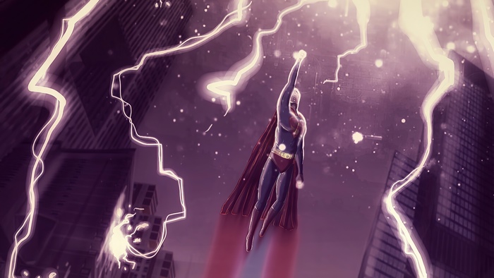 Superman flying through lightning in a city 4K