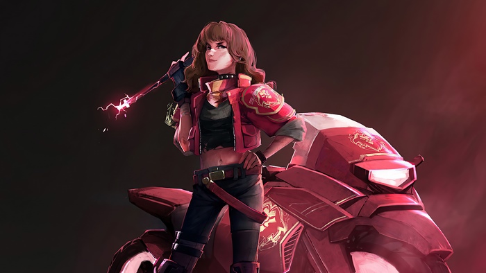 Woman with weapon and motorcycle