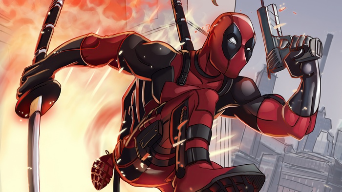 Deadpool with swords and gun in city