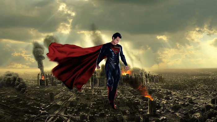 Superman flying over a destroyed city
